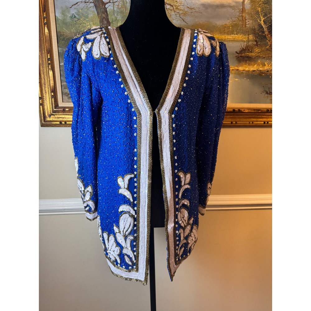 Vintage Royal Blue Silk Beaded Sequin Jacket Small Floral Evening Glam 80s